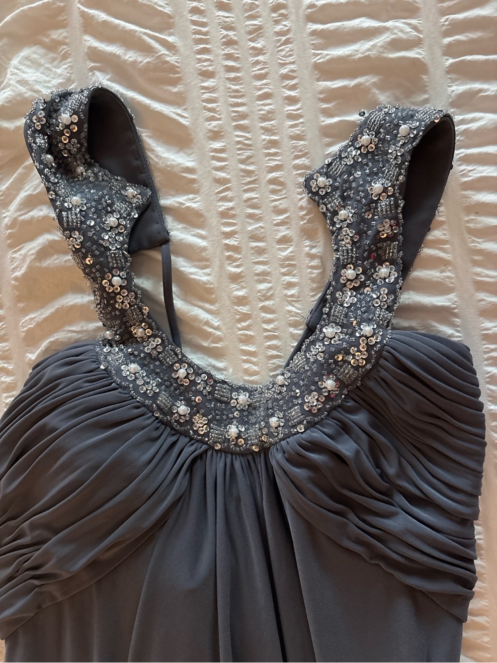JS Boutique Charcoal Gray Beaded Chiffon Evening Dress Size 12